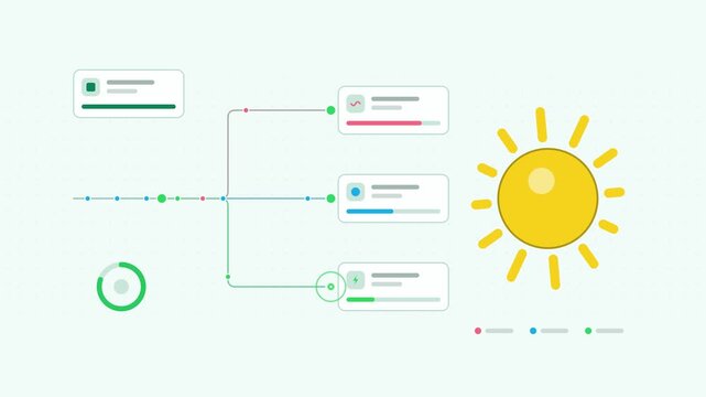 Animated sun with rays visualised as a options split in a modern flat vector style. Smooth looping 4K motion graphic with soft yellow and gold colours, floating interface cards and flowing dots on a l
