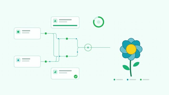Seamless 4K looping animation showing a blooming flower presented as a node network. Flat vector icons, UI cards and animated connector lines move across a clean light background in teal and turquoise