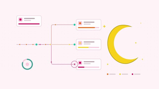 Animated moon and stars visualised as a options split in a modern flat vector style. Smooth looping 4K motion graphic with soft yellow and gold colours, floating interface cards and flowing dots on a 
