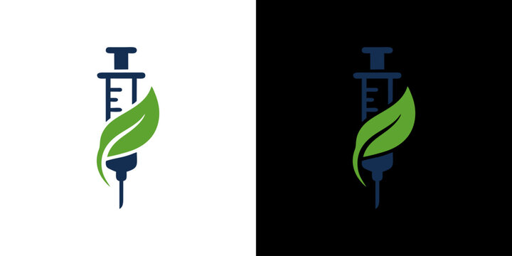 Natural Medicine Logo Design Featuring a Medical Syringe Integrated with a Green Leaf for Organic Healthcare and Biotechnology