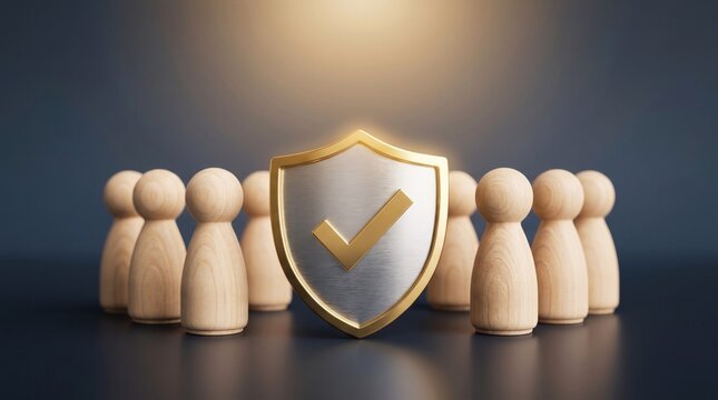 Wooden figures standing proudly around a large shiny protective shield featuring a golden check mark symbol