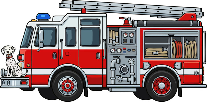 Red Fire Truck with Ladder, Fire Hose, Water Pump and Cute Dalmatian Dog Sitting on Bumper - Fire Engine Emergency Vehicle
