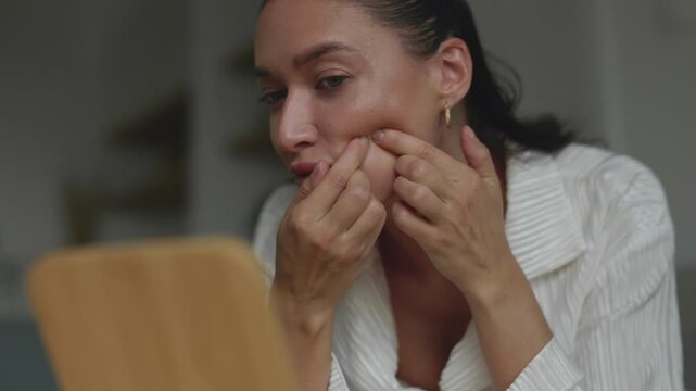 Close-up footage of woman squeezing pimple on her cheek with fingers, 4K