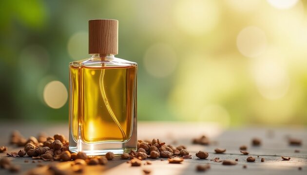 Glass perfume bottle with wooden cap and amber oil on rustic wooden surface with cloves for fragrance background and product banner design
