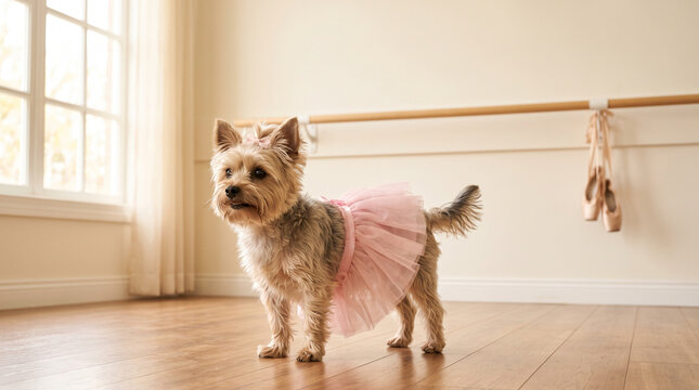 Yorkshire Terrier wearing pink tutu in a bright ballet studio  