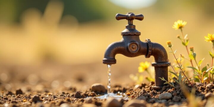 A Rusty Faucet Dripping Precious Water onto Dry, Cracked Earth Amidst Blooming Wildflowers, Symbolizing Scarcity and the Need for Conservation