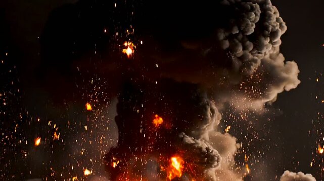 黒背景に激しく火花を散らして爆発する火炎と黒煙 | 危険コンセプト動画