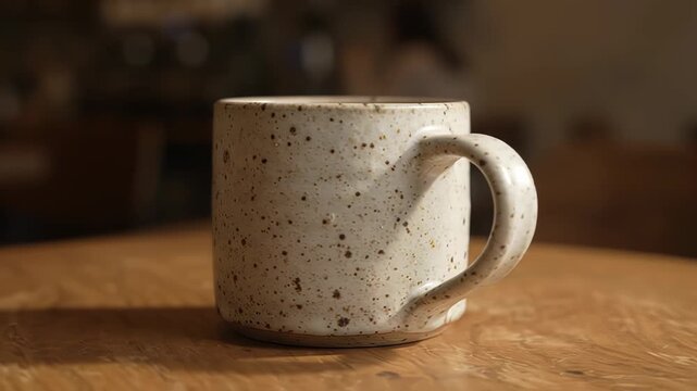 Ceramic mug rotates slowly on wooden table for cafe and lifestyle marketing video