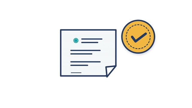Clean 2D vector animation illustrating document verification and approval with a document, folded corner, and stamping verification badge on a white background.