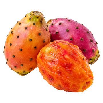 Group of fresh prickly pear fruits or cactus fruit isolated on transparent background. Healthy organic tropical Opuntia fruits in pink and orange for food ingredient or healthy diet concept.