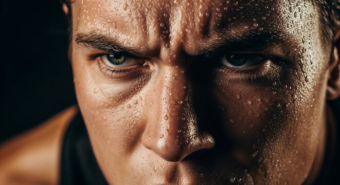 Intense focus of angry competitor with sweat glistening on forehead and determined expression in dynamic training session. Angry competitor showcasing strength and concentration in sports performance.