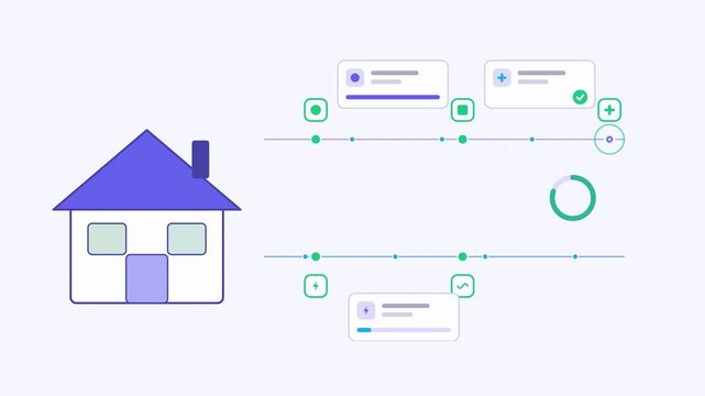 Seamless 4K looping animation showing a simple house presented as a parallel lanes. Flat vector icons, UI cards and animated connector lines move across a clean light background in blue and azure tone