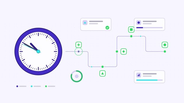 Seamless 4K looping animation showing a wall clock presented as a process chain. Flat vector icons, UI cards and animated connector lines move across a clean light background in blue and azure tones. 