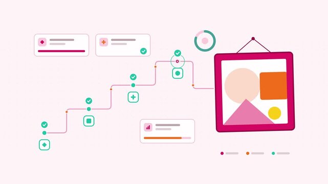 Animated picture frame visualised as a stage ladder in a modern flat vector style. Smooth looping 4K motion graphic with soft warm red and coral colours, floating interface cards and flowing dots on a