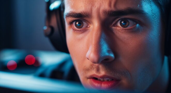 Intense gamer focused on screen with headphones and serious expression, capturing emotions of anxious gamer experiencing high-stakes gameplay.