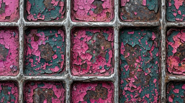 Close up of peeling paint on weathered metal grid