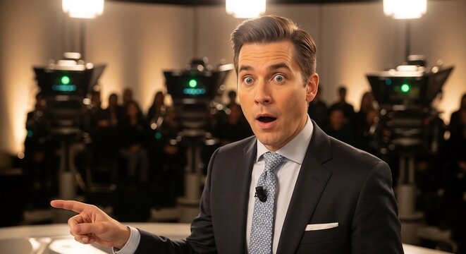 Astonished host presenting captivating news to audience with surprised expression. Engaging setup includes cameras capturing live broadcast with attentive viewers in background.