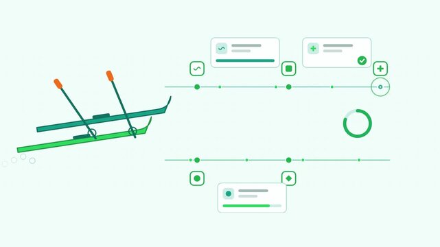 Animated skis with poles visualised as a parallel lanes in a modern flat vector style. Smooth looping 4K motion graphic with soft fresh green colours, floating interface cards and flowing dots on a li