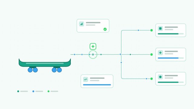 Animated skateboard three visualised as a converging flow in a modern flat vector style. Smooth looping 4K motion graphic with soft teal and turquoise colours, floating interface cards and flowing dot