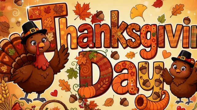 Cartoon turkeys and pumpkins celebrating Thanksgiving Day.