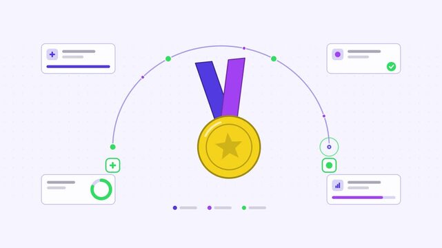 Animated medal on ribbon visualised as a two way exchange in a modern flat vector style. Smooth looping 4K motion graphic with soft yellow and gold colours, floating interface cards and flowing dots o