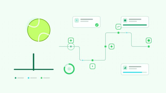 Seamless 4K looping animation showing a tennis ball presented as a process chain. Flat vector icons, UI cards and animated connector lines move across a clean light background in fresh green tones. Ho