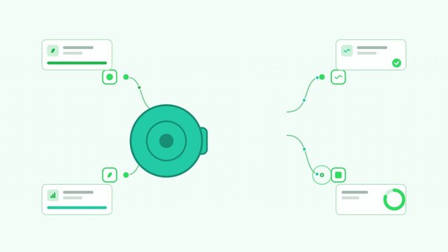 Seamless 4K looping animation showing a yoga mat rolling presented as a network hub. Flat vector icons, UI cards and animated connector lines move across a clean light background in teal and turquoise