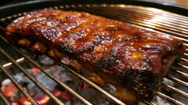 tantalizing lacquered barbecue spare ribs under charcoal glow