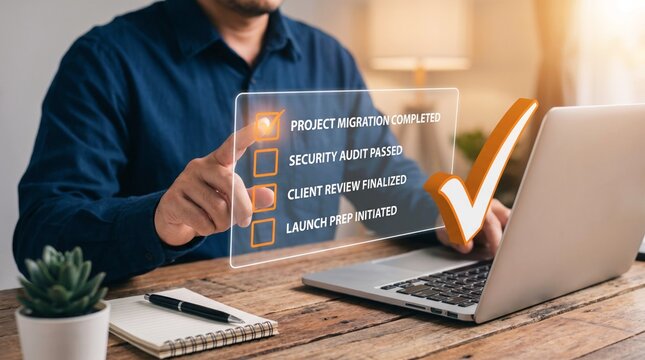 Focused businessman touches digital checklist interface displaying project migration completed security audit passed client review finalized and launch prep initiated