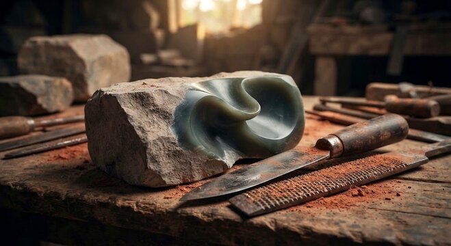 Stone sculpture carving process with metal hand tools