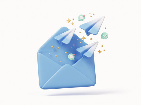 Open blue mail envelope with flying paper airplanes in 3d clay style
