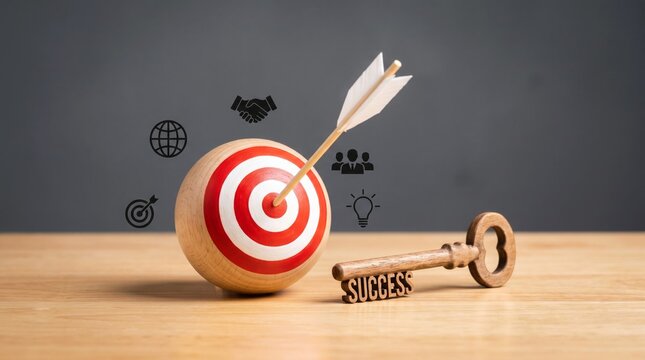Wooden sphere target hit by arrow accompanied by business icons and success key on table