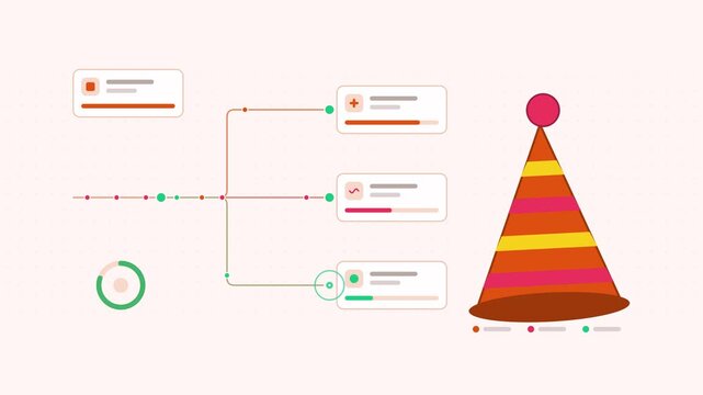 Animated party hat visualised as a options split in a modern flat vector style. Smooth looping 4K motion graphic with soft orange and amber colours, floating interface cards and flowing dots on a ligh
