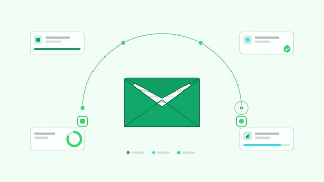 Animated envelope letter visualised as a back forth in a modern flat vector style. Smooth looping 4K motion graphic with soft fresh green colours, floating interface cards and flowing dots on a light 