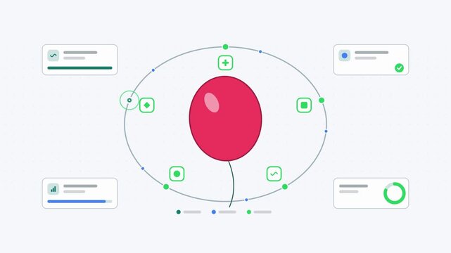 Seamless 4K looping animation showing a balloon floating presented as a loop cycle. Flat vector icons, UI cards and animated connector lines move across a clean light background in warm red and coral 