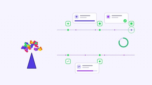 Seamless 4K looping animation showing a confetti burst presented as a parallel lanes. Flat vector icons, UI cards and animated connector lines move across a clean light background in blue and azure to