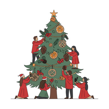Happy people decorating a big Yule pine tree for winter holiday