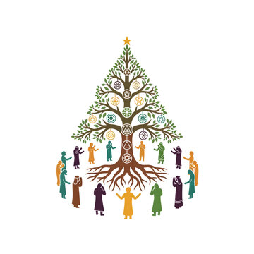 Yule Celebration Diverse Community Unites Around a Spiritual Tree of Life and Chakra Symbols