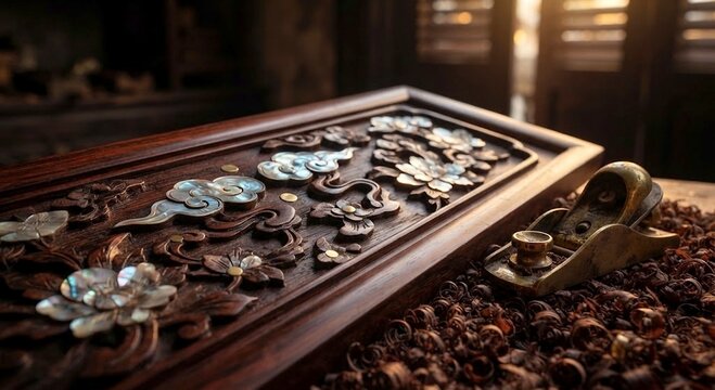 Wood carving with mother of pearl inlay and plane