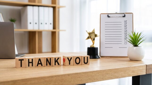 Wooden blocks spelling out thank you message placed neatly on modern office desk with clipboard