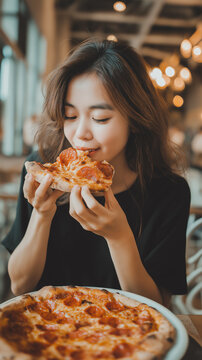 Pizza look so yummy or delicious food. Charming beautiful asia woman is eating pepperoni pizza and sticky mozzarella cheese. Attractive girl feels hungry and loves the taste. She sit at restaurant