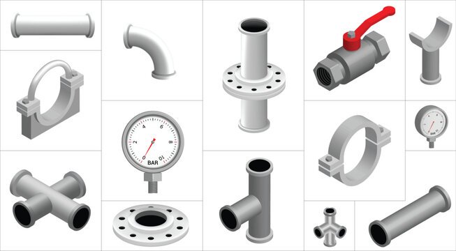 Isometric 3D Industrial Piping Components and Pipeline Fittings Isolated on White