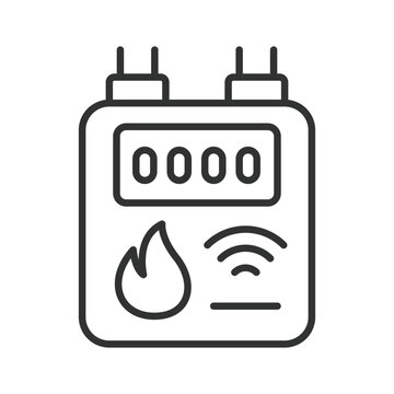 Smart gas meter with flame and wifi signal, icon in line design. Gas, meter, smart home, energy, heating, iot, device on white background vector. Smart gas meter editable stroke icon.