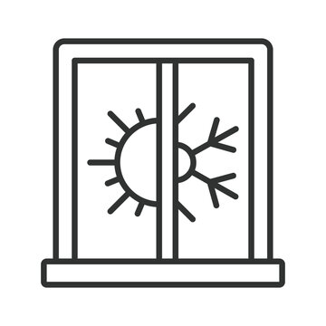 Smart window with climate control and temperature regulation, icon in line design. Smart window, climate, control, temperature, heating, cooling, weather on white background vector. Smart window edita