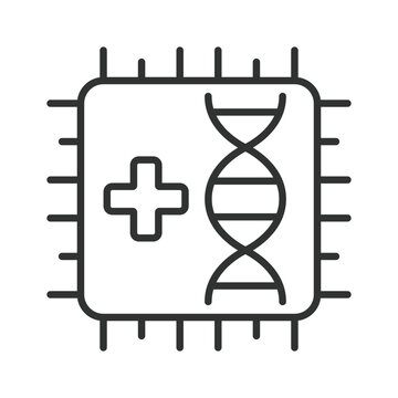 Biotechnology and genetic engineering microchip, icon in line design. Biotechnology, genetics, dna, health, medical, science, research on white background vector. Biotechnology editable stroke icon