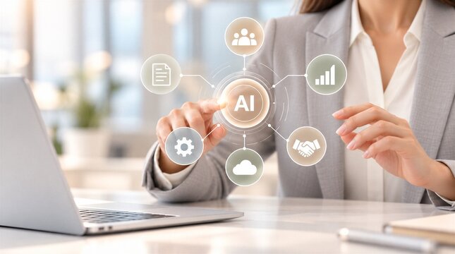 AI business integration connects core functions across a company. Intelligent technology supports data, teams and business operations. Business professional integrating AI into company processes.
