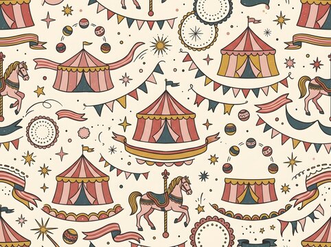Seamless circus pattern featuring vintage carnival tents, carousel horses, festive bunting flags, and amusement park elements on a cream background.