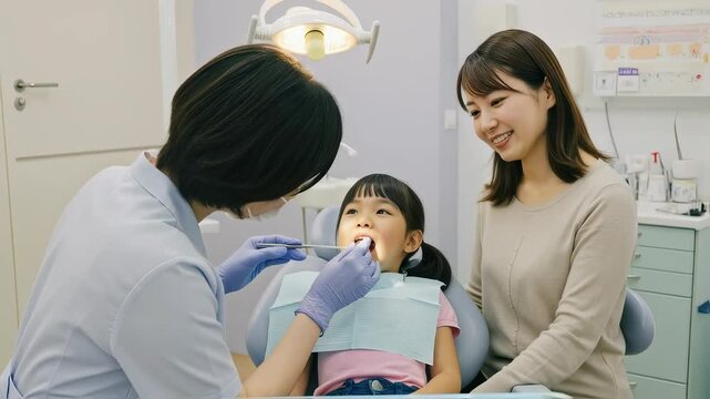 歯科医院で男の子の口を診察する歯科スタッフ