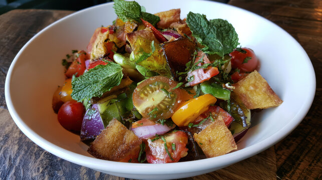 colorful fattoush salad with toasted pita shards and vibrant greens