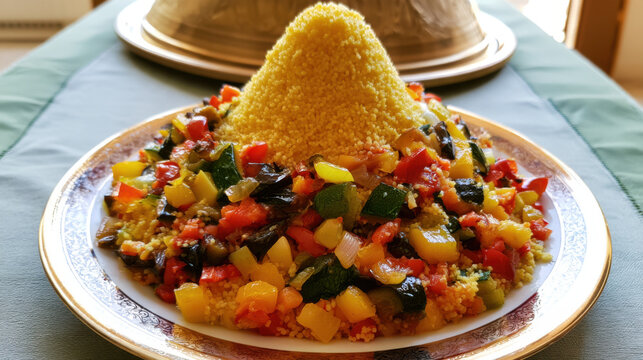 couscous mountain with vegetable mosaic design